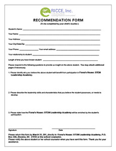 RICCE Fiona's House STEM recommendation form
